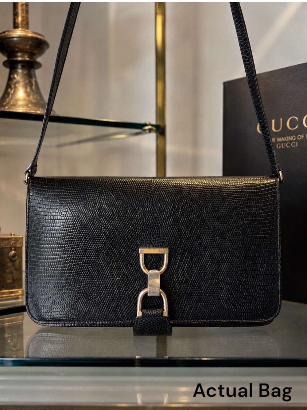 Authentic Gucci Vintage Pure Elegance Black Exotic Lizard Leather Shoulder bag